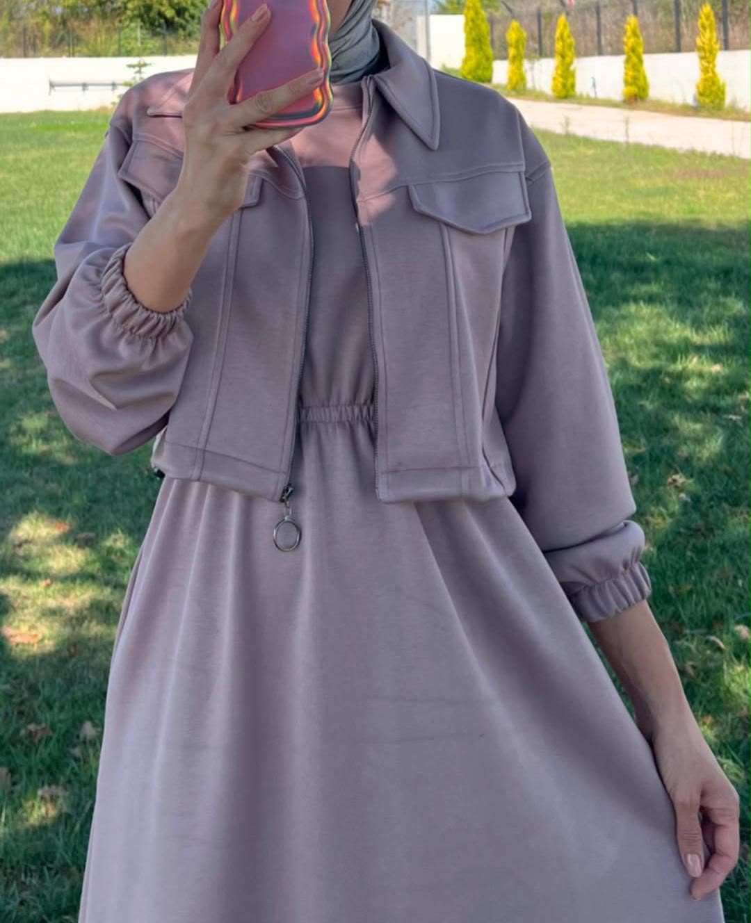 Taupe long maxi dress with zip-up upper fleece jacket, front pockets, and waist drawstring