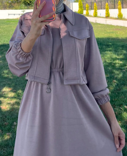 2 Pcs Long Maxi Winter Outfit With Upper Fleece Jacket