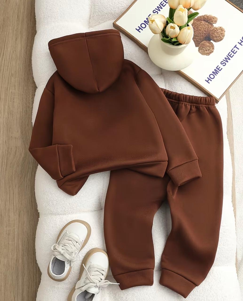 Brown hoodie and jogger set with elastic waist and matching cuffs