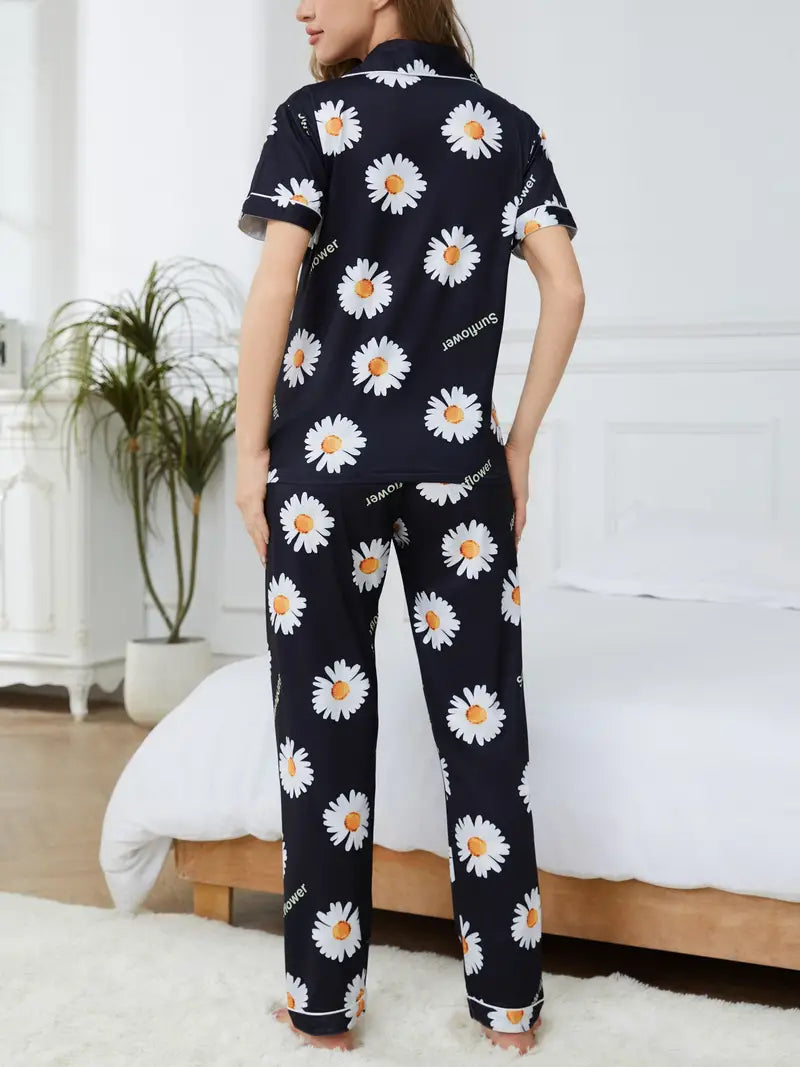 Women's sunflower printed half-sleeve pajama set with button shirt and wide-leg pants
