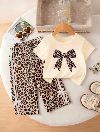 Girls leopard bow co-ord set with matching bow-front top and leopard bottoms
