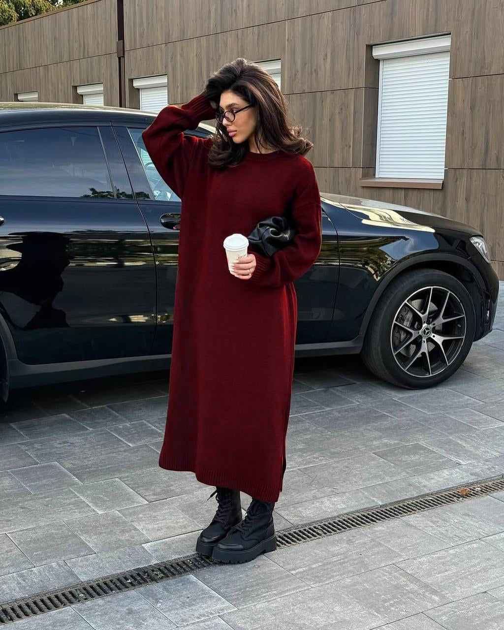 Burgundy balloon-sleeve maxi dress with long sleeves and relaxed fit
