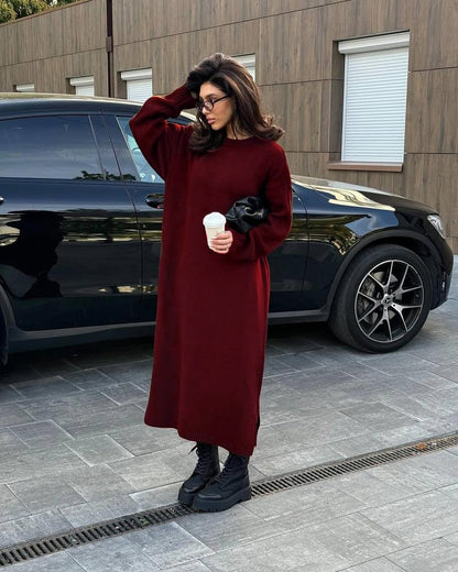 Burgundy balloon-sleeve maxi dress with long sleeves and relaxed fit