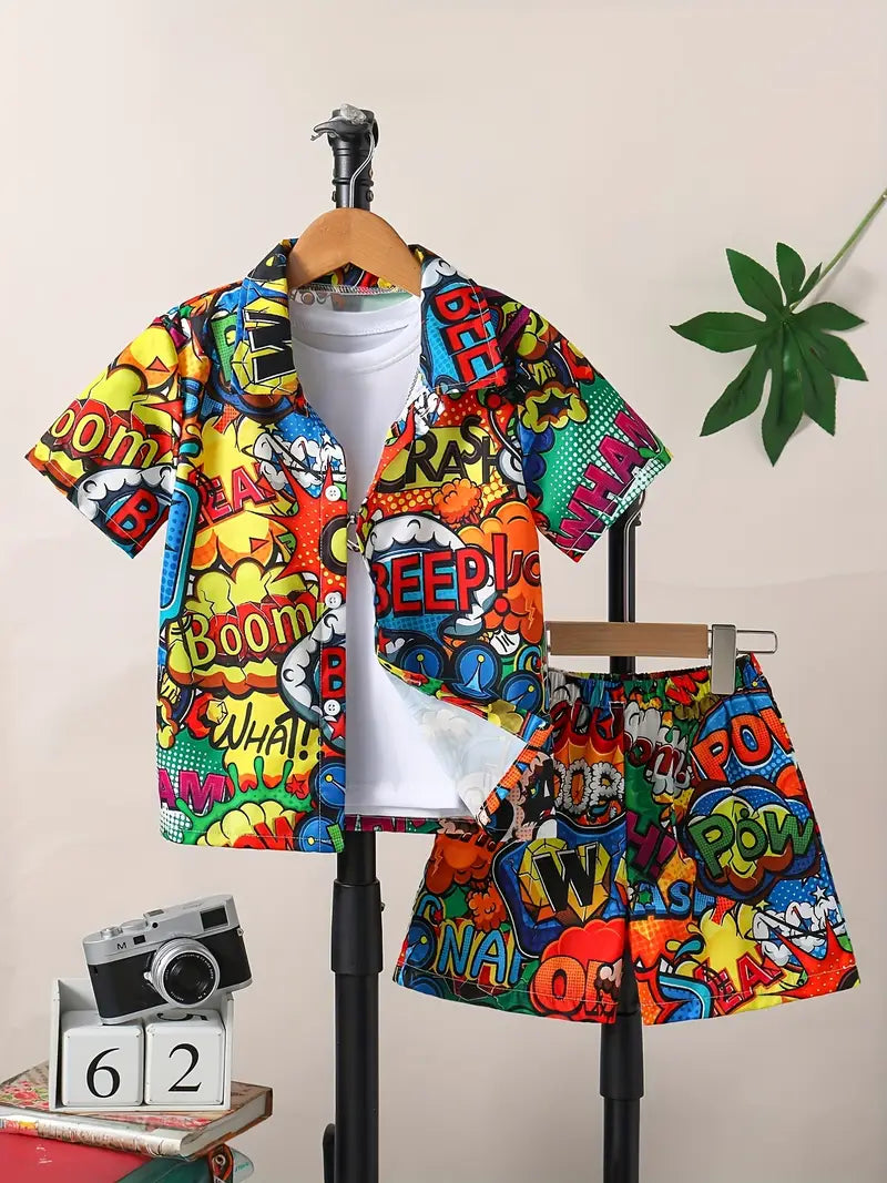 Kids comic-pattern short set: hooded jacket top and matching shorts, bright multicolor