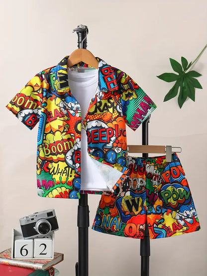 Kids comic-pattern short set: hooded jacket top and matching shorts, bright multicolor