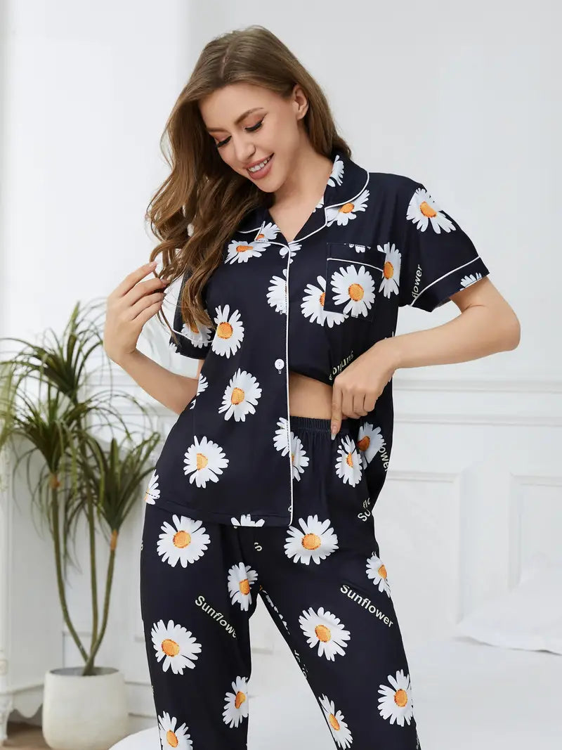 Women's sunflower printed button-front sleepwear set with half sleeves and long pants