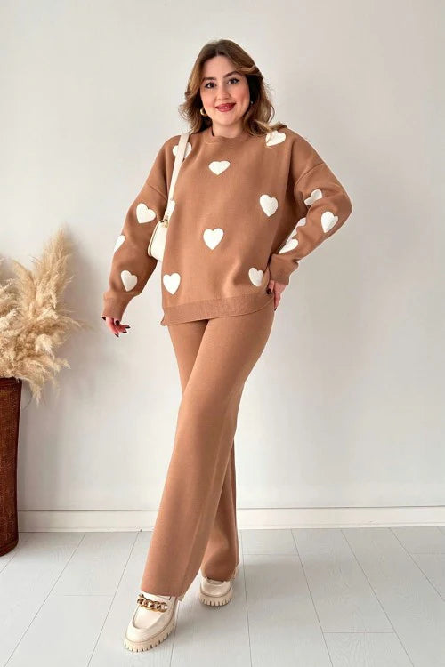 Heart printed co-ord set in brown with long-sleeve sweatshirt and matching wide-leg pants