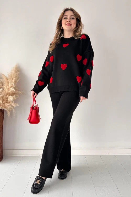 Heart printed co-ord set in black with long-sleeve sweatshirt and matching straight pants