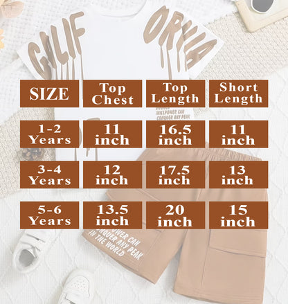 Boys fashion set size chart showing top chest, top length, and short length