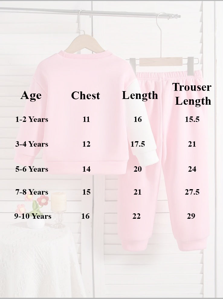 Girls' sweatshirt and trouser size chart with age, chest, and length measurements