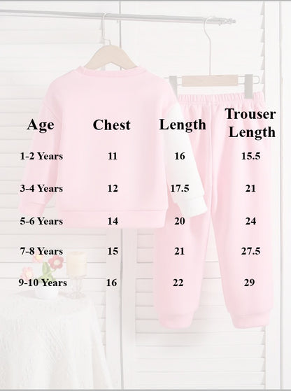 Girls' sweatshirt and trouser size chart with age, chest, and length measurements