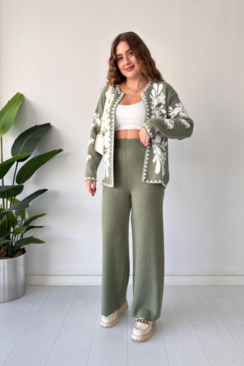 Floral winter co-ord set in olive green: patterned jacket and wide-leg pants