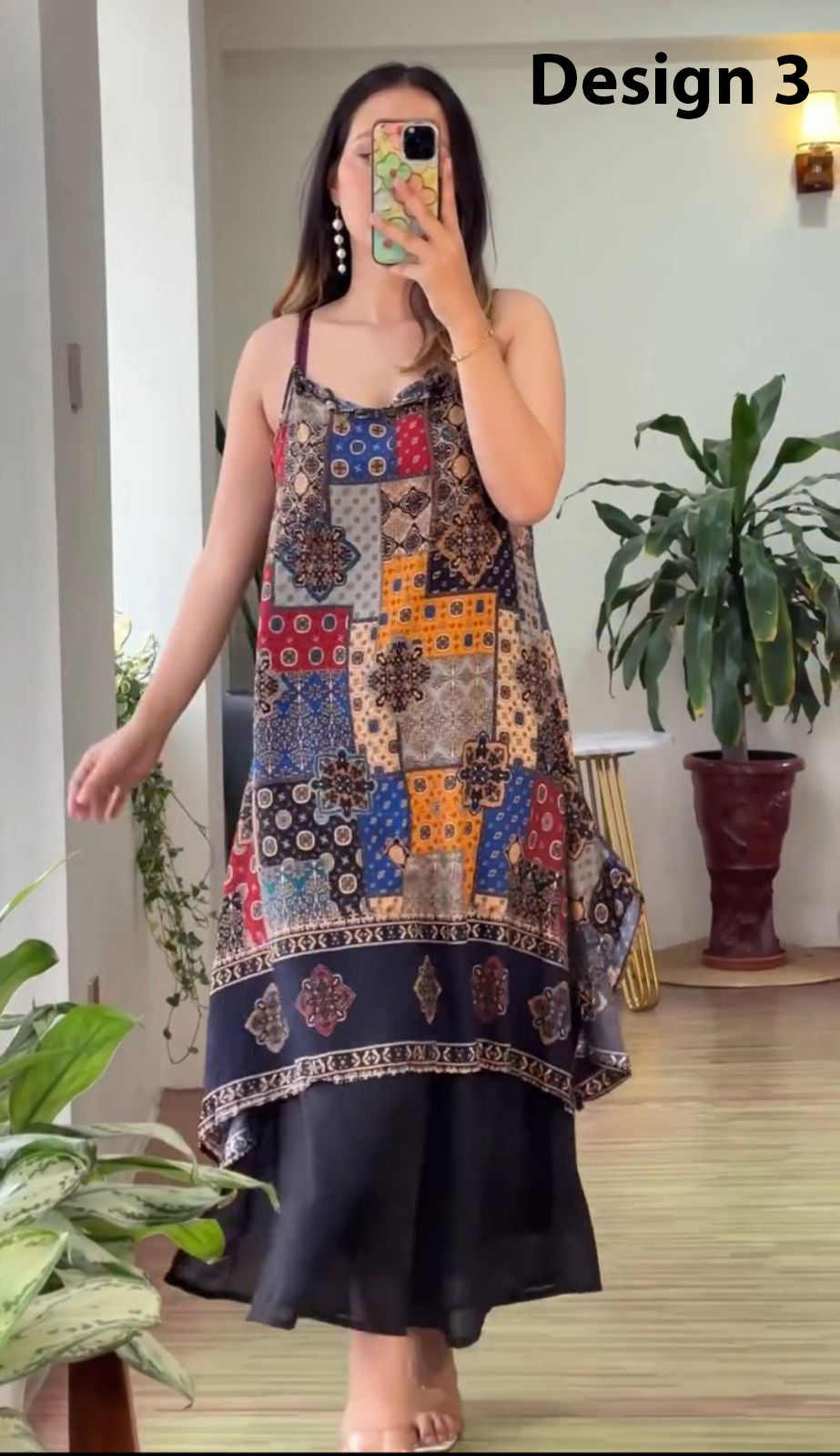 Sleeveless block-print kurti with colorful square mosaic panels and navy hem, with palazzo