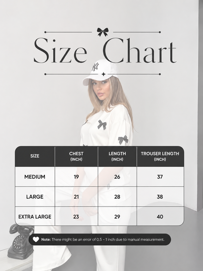 White bow applique co-ord set, button-up top and matching trousers