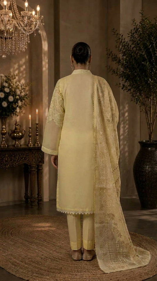 Embroidered 3-piece suit in light yellow: long tunic, pants, and dupatta (back)