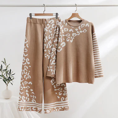 Leopard print woolen set, camel long-sleeve top and wide-leg pants