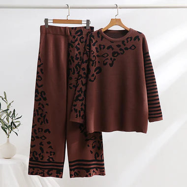 Leopard print woolen set, brown long-sleeve top and wide-leg pants