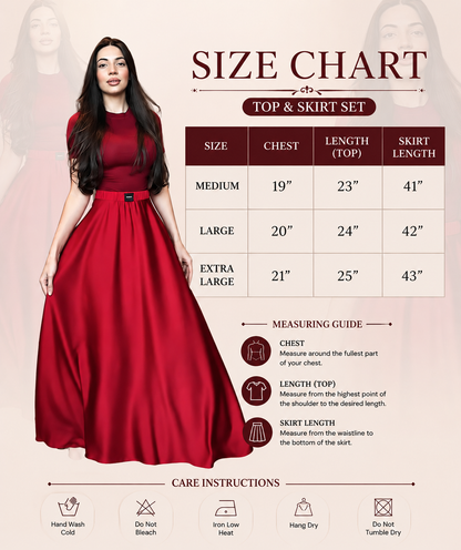 Red skirt dress with fitted bodice, waist belt, and gathered full skirt