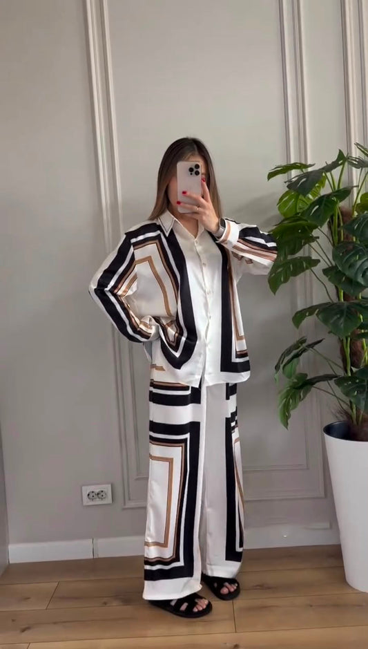 Striped button-front shirt and wide-leg pants co-ord set, full-length view