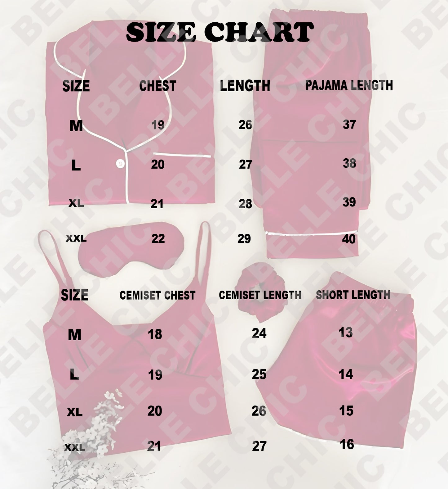 Size chart for 6-piece silk set: chest and lengths for sizes M–XXL