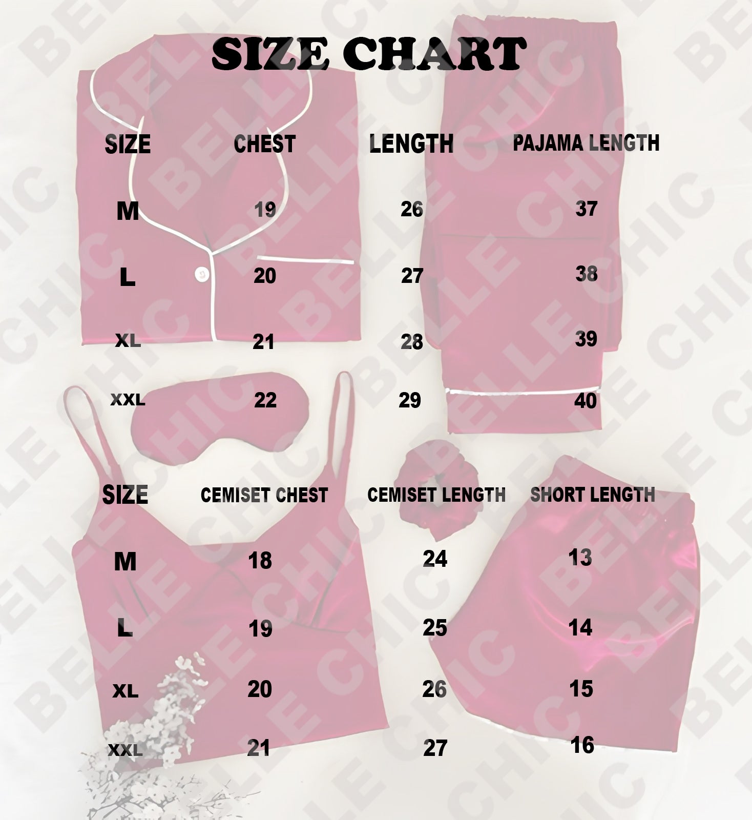 Size chart for 6-piece silk set: chest and lengths for sizes M–XXL