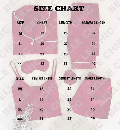 Size chart for 6-piece silk set: chest and lengths for sizes M–XXL