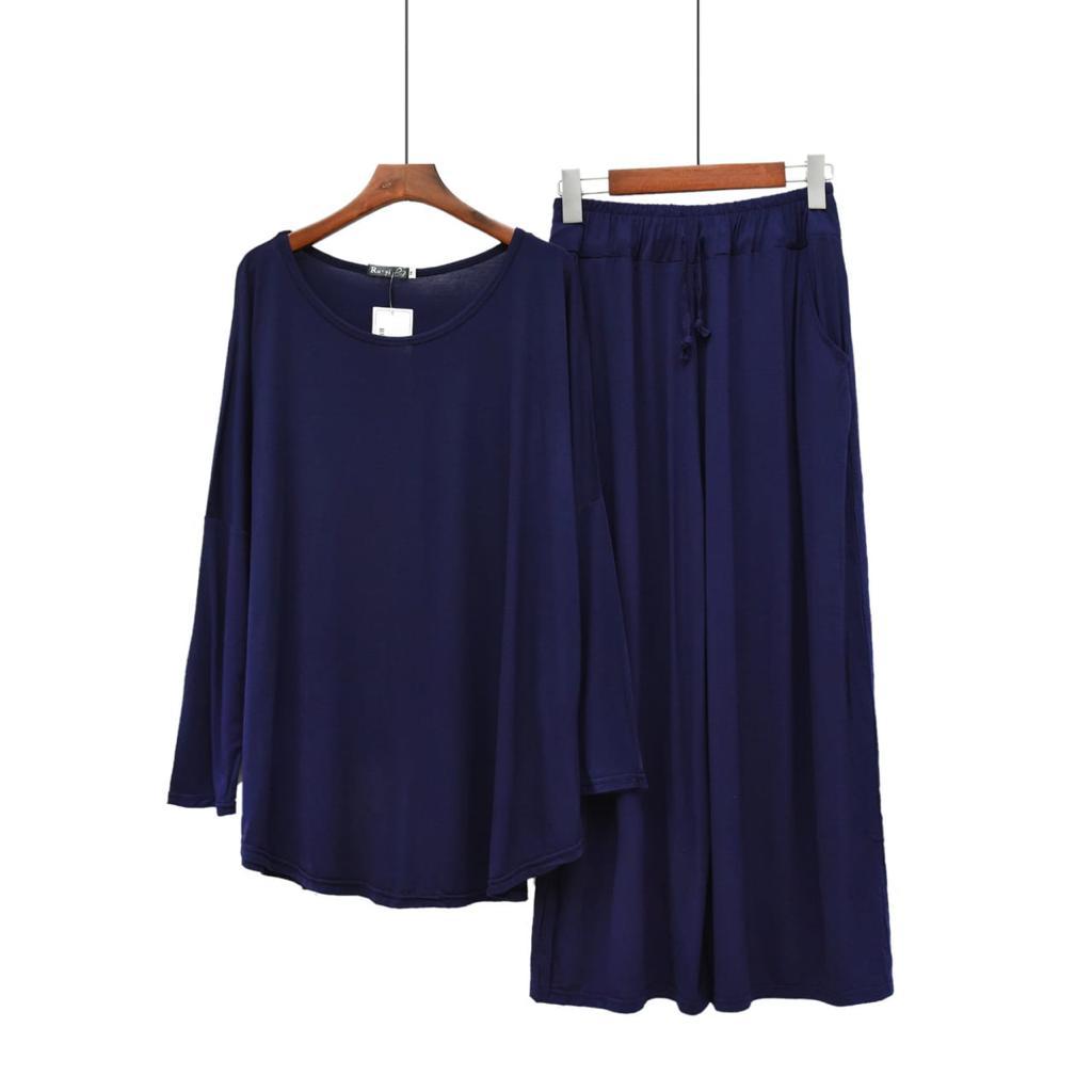 Navy blue lounge set: loose long-sleeve top and wide-leg drawstring pants