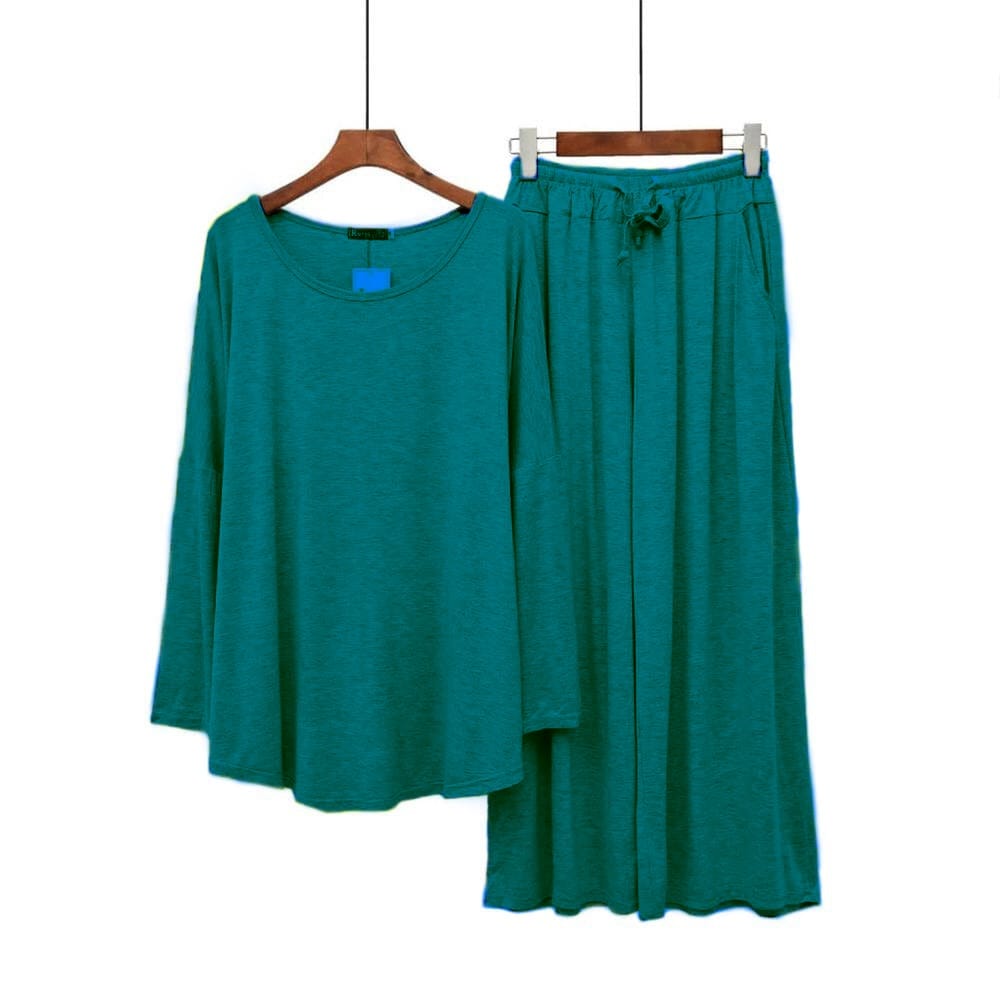 Teal green lounge set: loose long-sleeve top and wide-leg drawstring pants