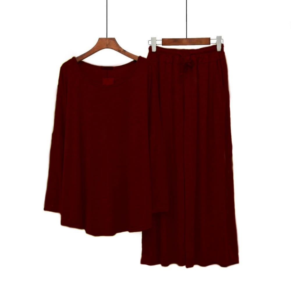 Maroon lounge set: loose long-sleeve top and wide-leg drawstring pants