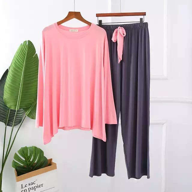 Women's long-sleeve home wear set, pink top and dark gray drawstring pants