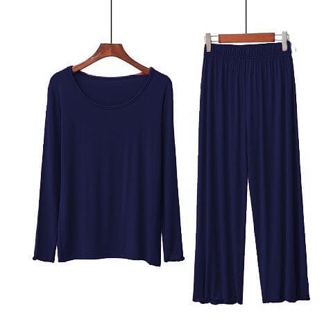 Navy blue lounge set: long-sleeve crewneck top and wide-leg drawstring pants