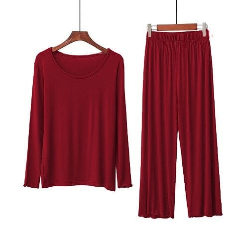 Maroon lounge set: long-sleeve crewneck top and wide-leg drawstring pants