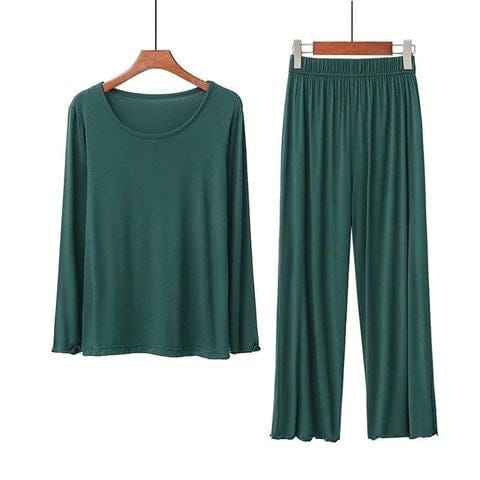 Bottle green lounge set: long-sleeve crewneck top and wide-leg drawstring pants