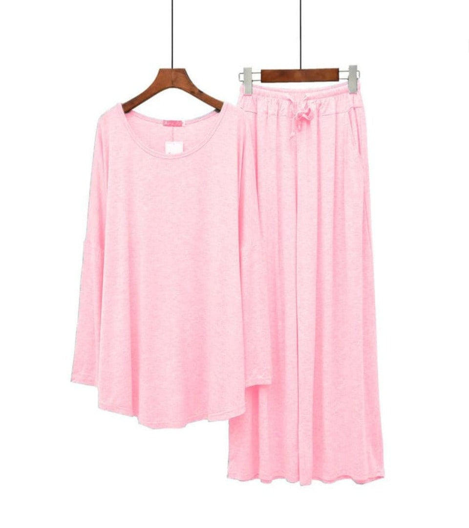 Light pink lounge set: loose long-sleeve top and wide-leg drawstring pants