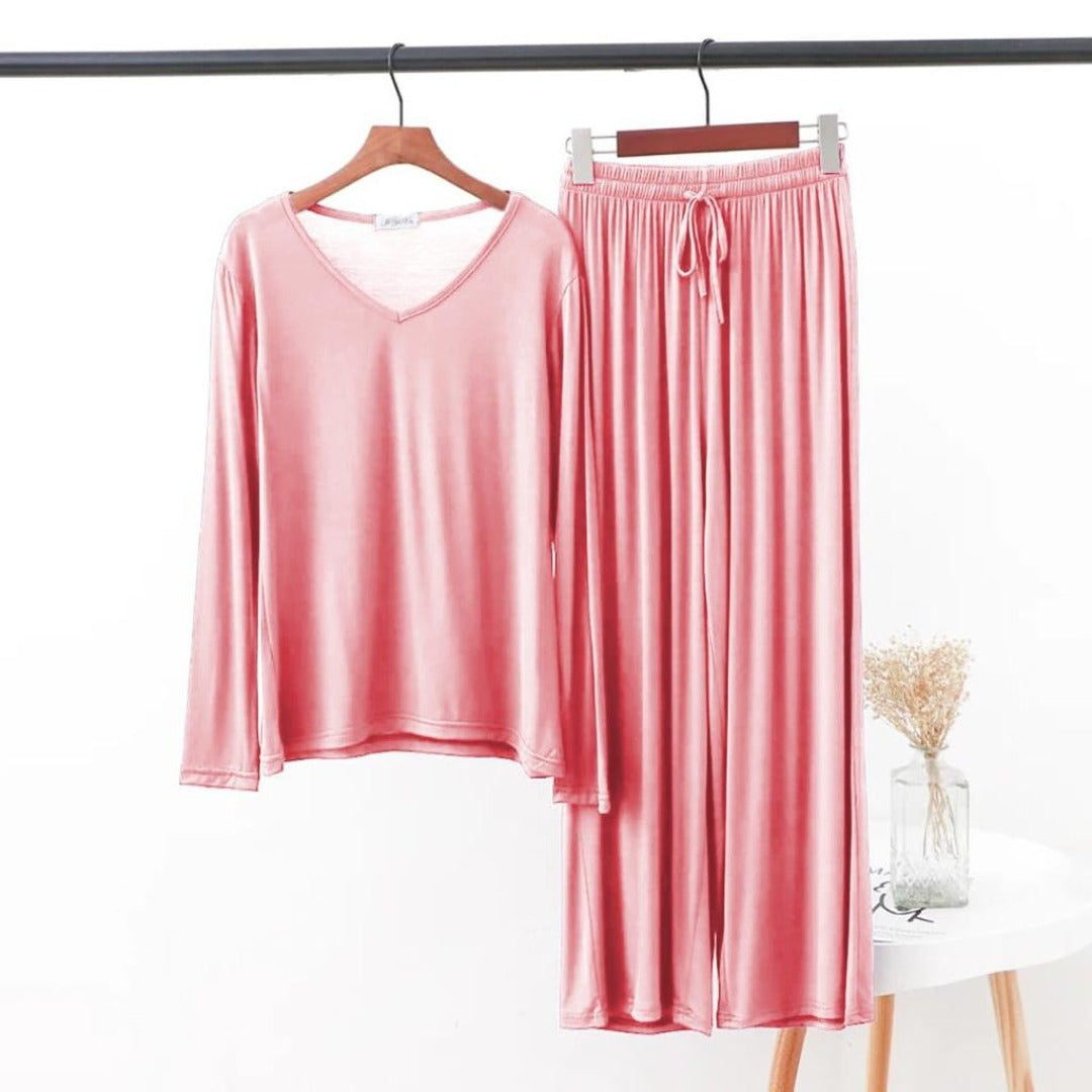 2-piece pink V-neck lounge set: long-sleeve top and drawstring pants