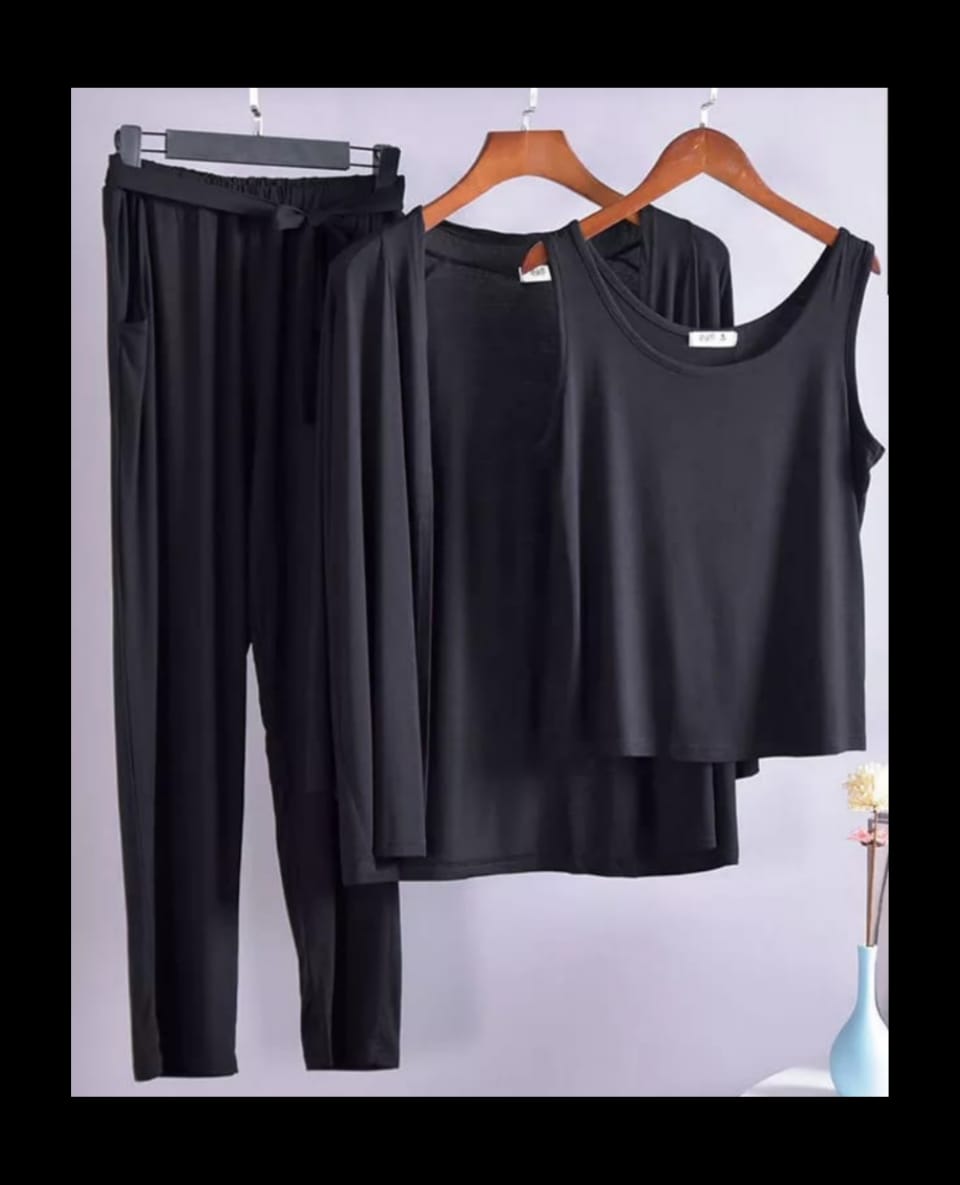 Black sleeveless top and drawstring pants, 3-piece home wear set