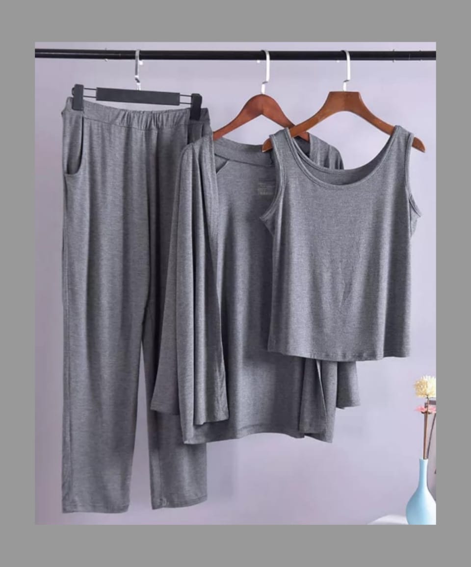 Grey sleeveless top and drawstring pants, 3-piece home wear set