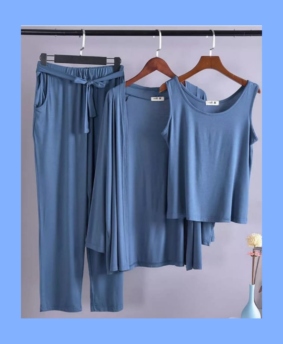Blue sleeveless top and drawstring pants, 3-piece home wear set