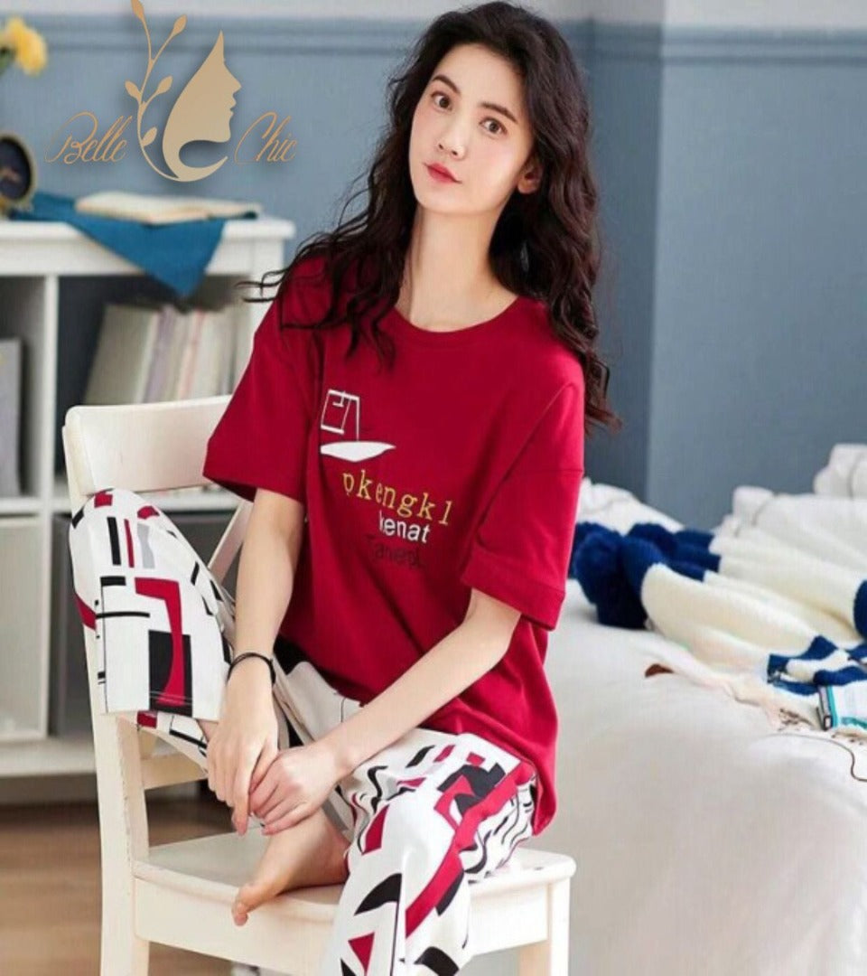 Printed lounge set with red short-sleeve T-shirt and graphic shorts