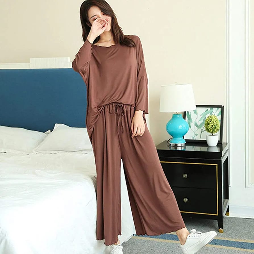 Brown 2-piece lounge set with long-sleeve top and wide-leg pants with drawstring waist