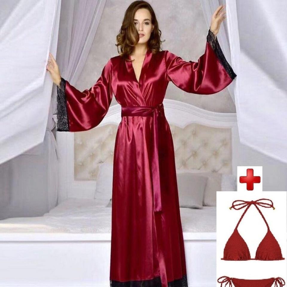 Maroon satin nightwear gown with matching bra and panty set
